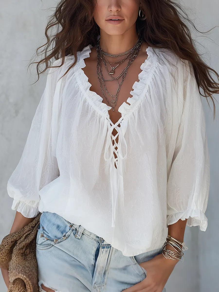 Airy White Lace-Up Boho Blouse