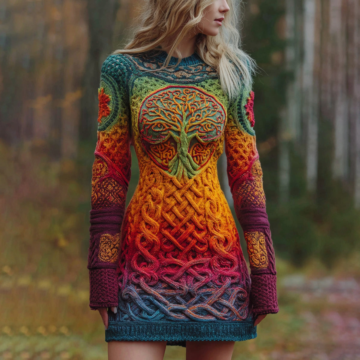 Women's Viking Celtic Knot With Tree Of Life Irish Rainbow Art Cozy Knit Mini Sweater Dress