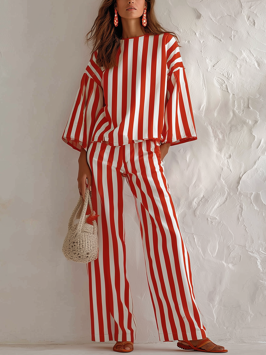 Relaxed Red White Striped Two Piece Set