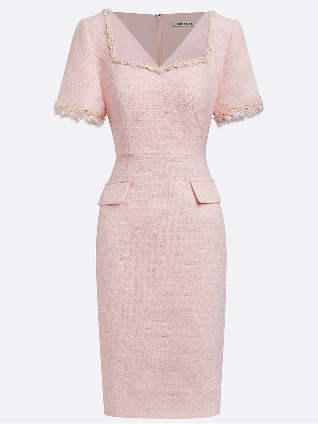 Pink Tweed Sweetheart Neckline Short Sleeve Sheath Midi Dress