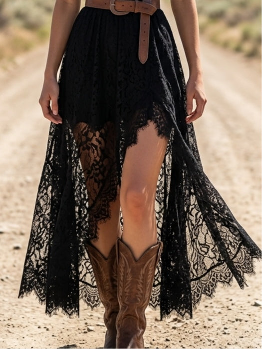 Vintage V-Neck Black Lace Maxi Dress(Belt included)