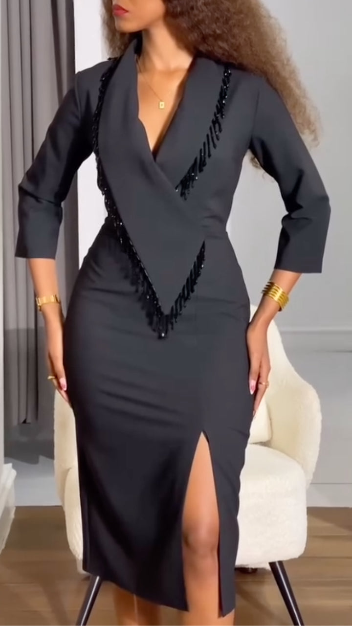 Elegant Shawl Collar Midi Dress with Sequin Fringe Detailing