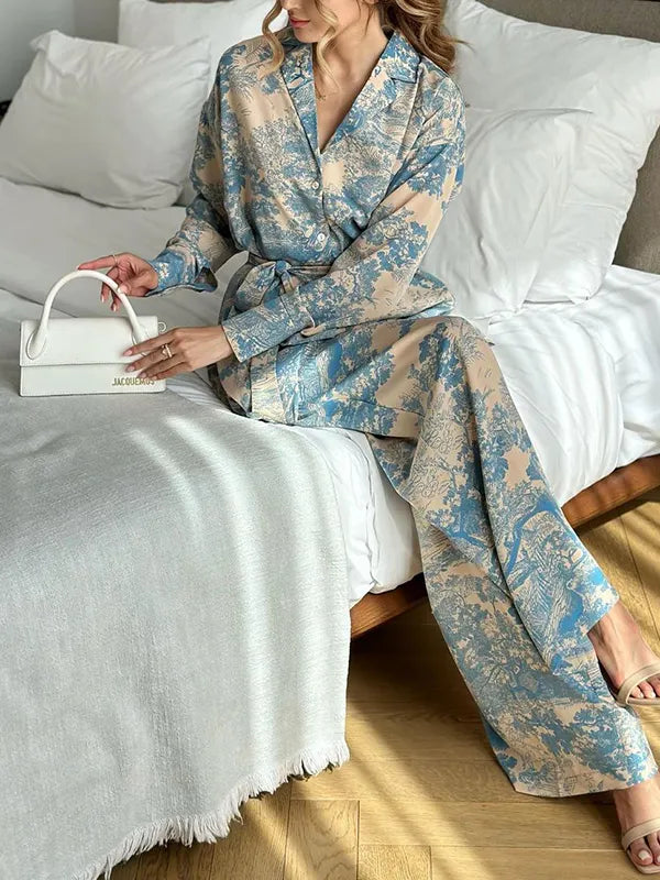Buttoned Printed Tied Waist High Waisted Long Sleeves Notched Collar Two Pieces Set Pants Set