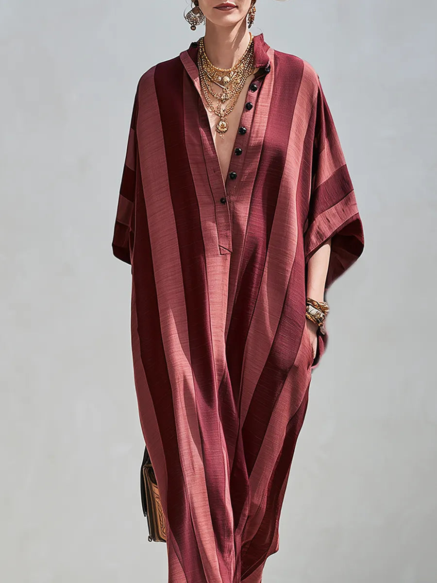 Bohemian Style Burgundy Striped Kaftan Maxi Dress