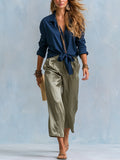 Casual Satin Shirt-style Tie-front Top And Cropped Trousers Set
