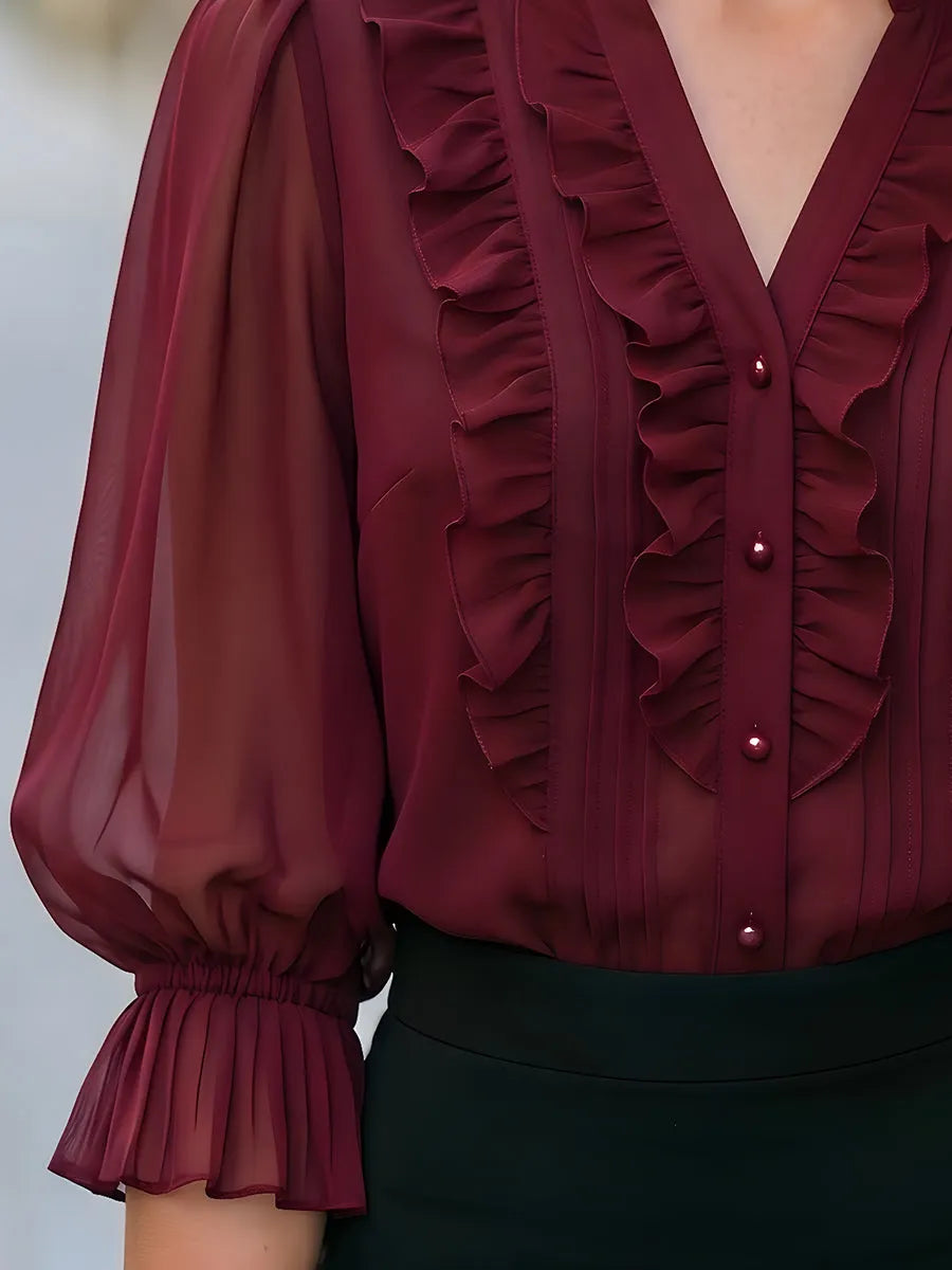 Ruffled V-Neck Chiffon Blouse