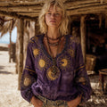 Mysterious Moon And Sun Tie-dye V-neck Embroidered Top