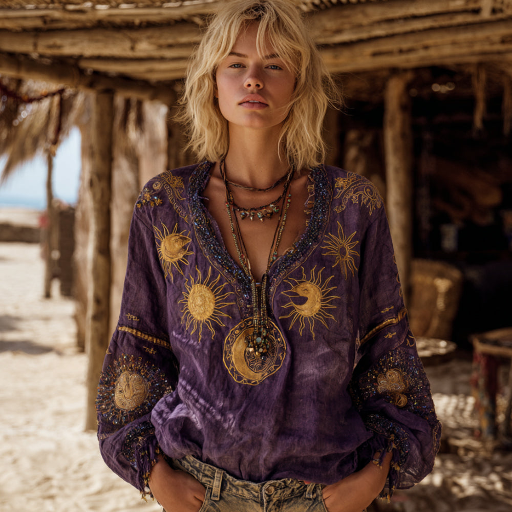 Mysterious Moon And Sun Tie-dye V-neck Embroidered Top