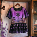 Bohemian Lavender Embroidery Patchwork Art Linen Short Sleeve T-shirt