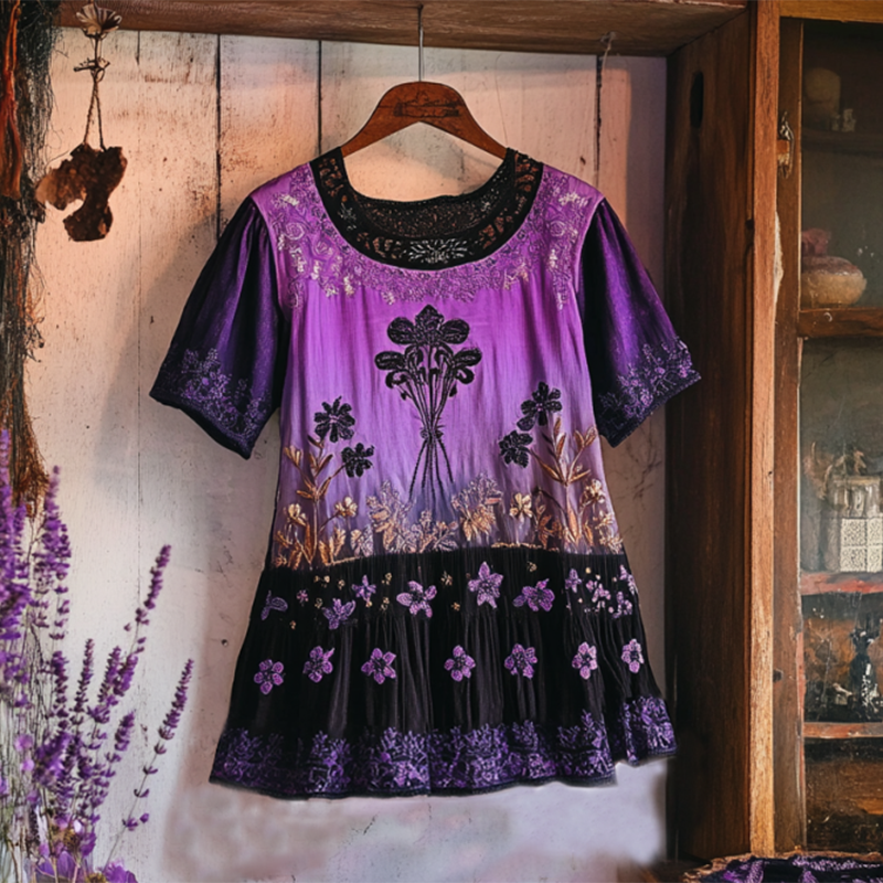 Bohemian Lavender Embroidery Patchwork Art Linen Short Sleeve T-shirt