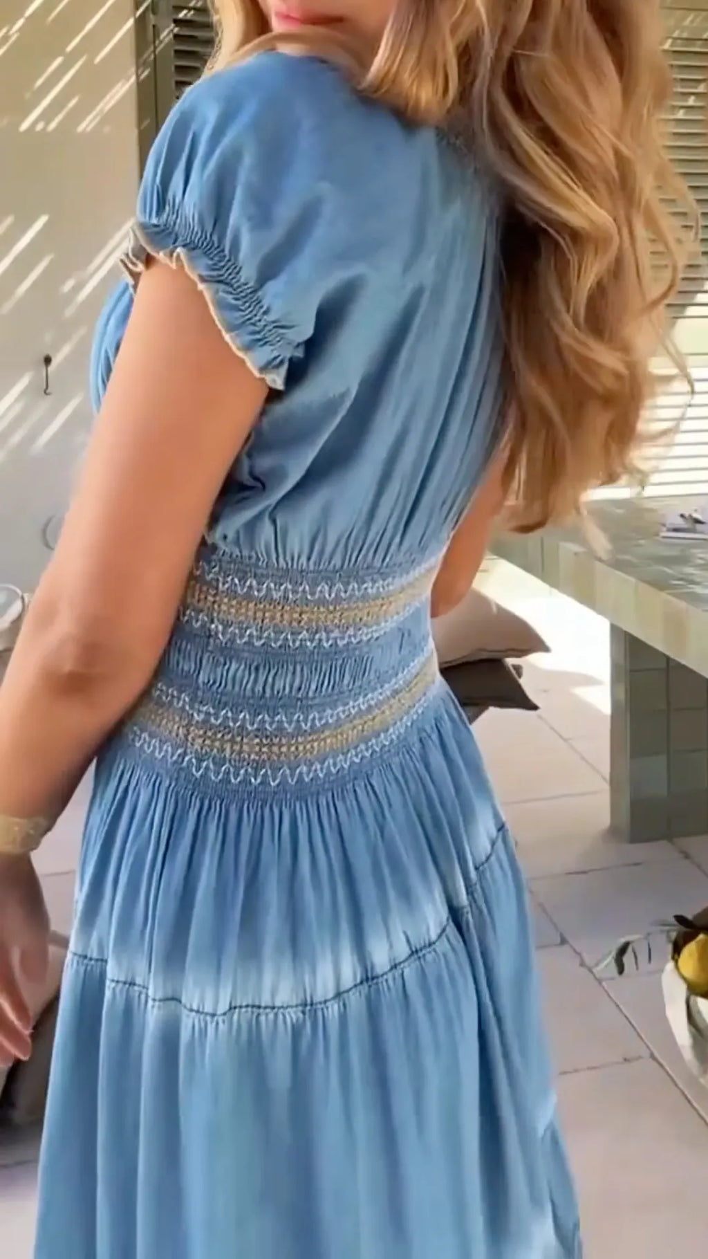 Blue Square Neck Denim Puff Sleeve Maxi Dress