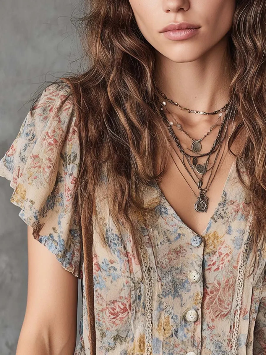 Boho Vintage Oil-Painting Style Printed Cotton-Linen Blouse