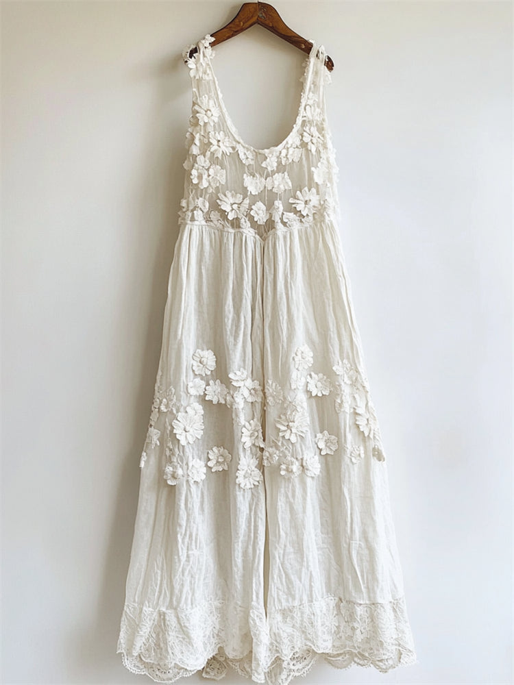 Vintage Floral Hollow Lace Patchwork Linen Tank Dress