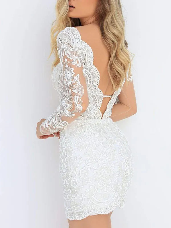 Elegant V-Neck Lace See-Through Backless Wrap Wedding Mini Dress