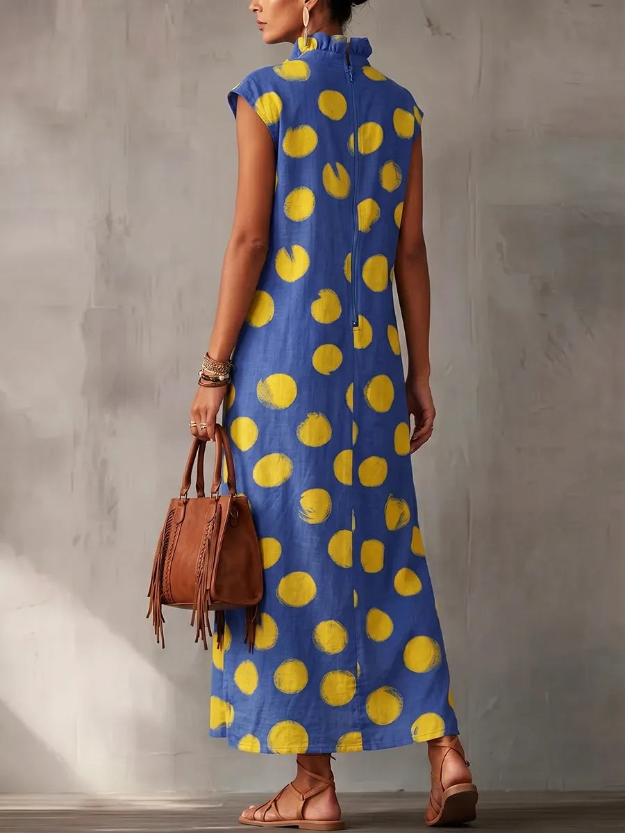 Artistic Brushstroke Polka Dot Cotton-linen Dress