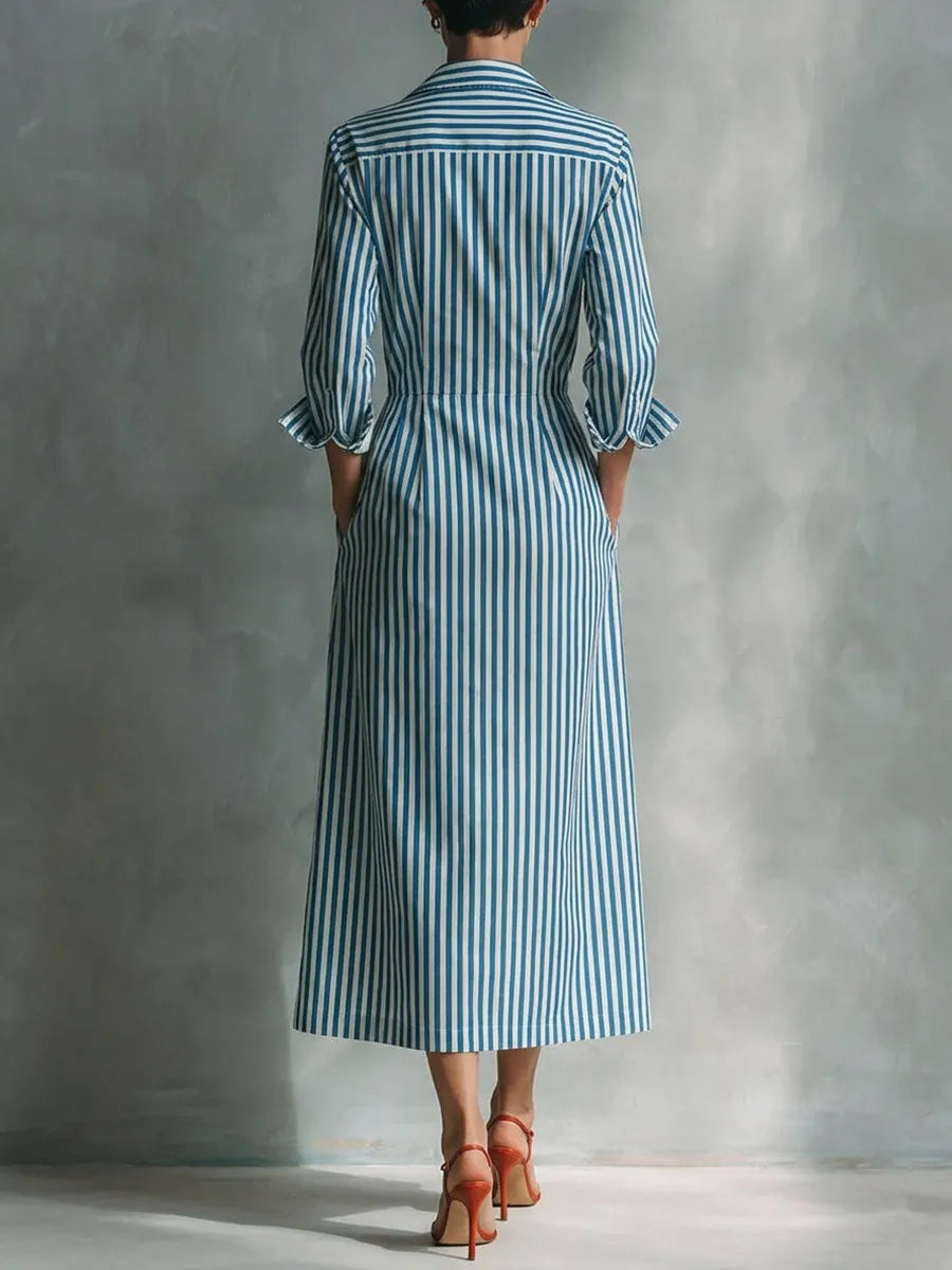 Women's Striped Cotton-linen Shirt-collar Long-sleeve Dress