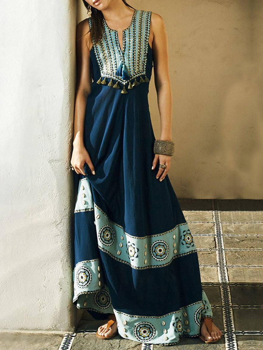 Bohemian Ethnogeometry Beading Tassel Art Sleeveless Cozy Linen Maxi Dress
