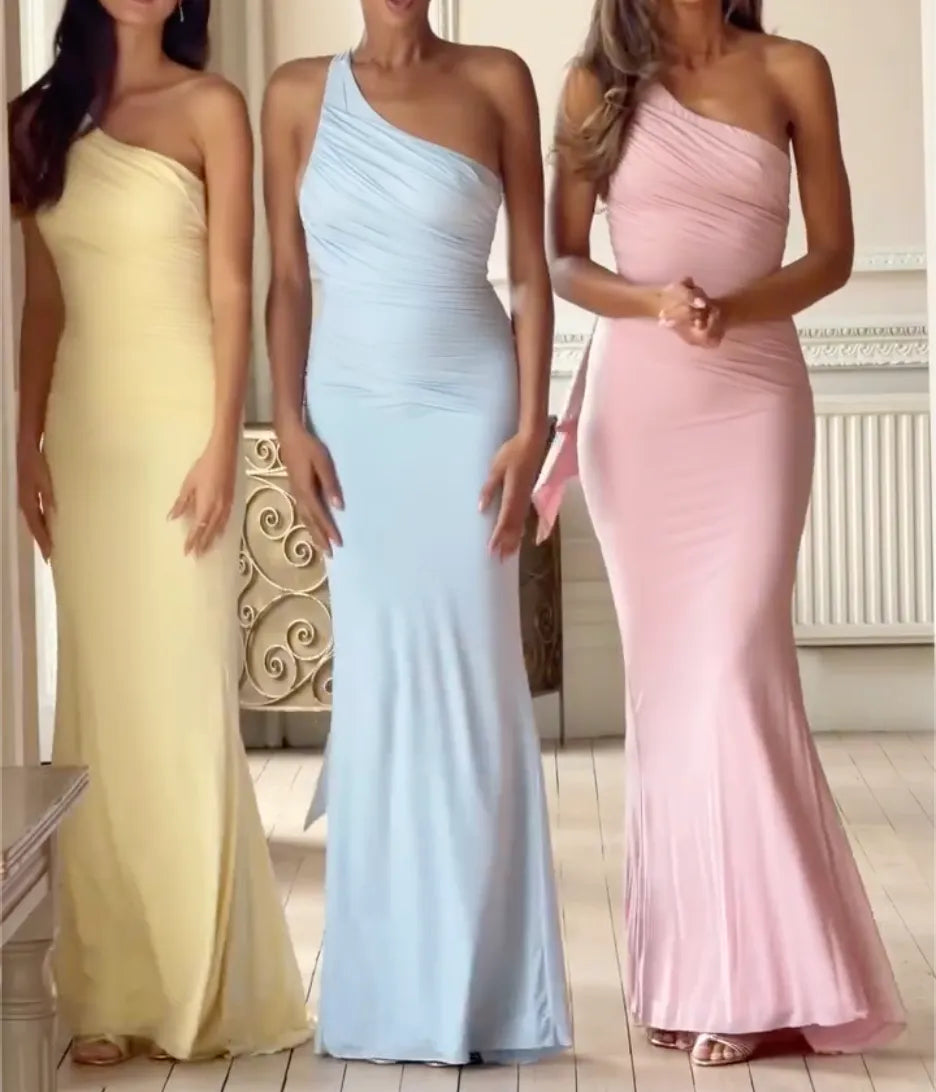 Pastel Bridesmaid Maxi Mermaid Evening Gown, 3 Neckline Styles Ruched Long Formal Wedding Guest Dress (Yellow/Pink/Light Blue)