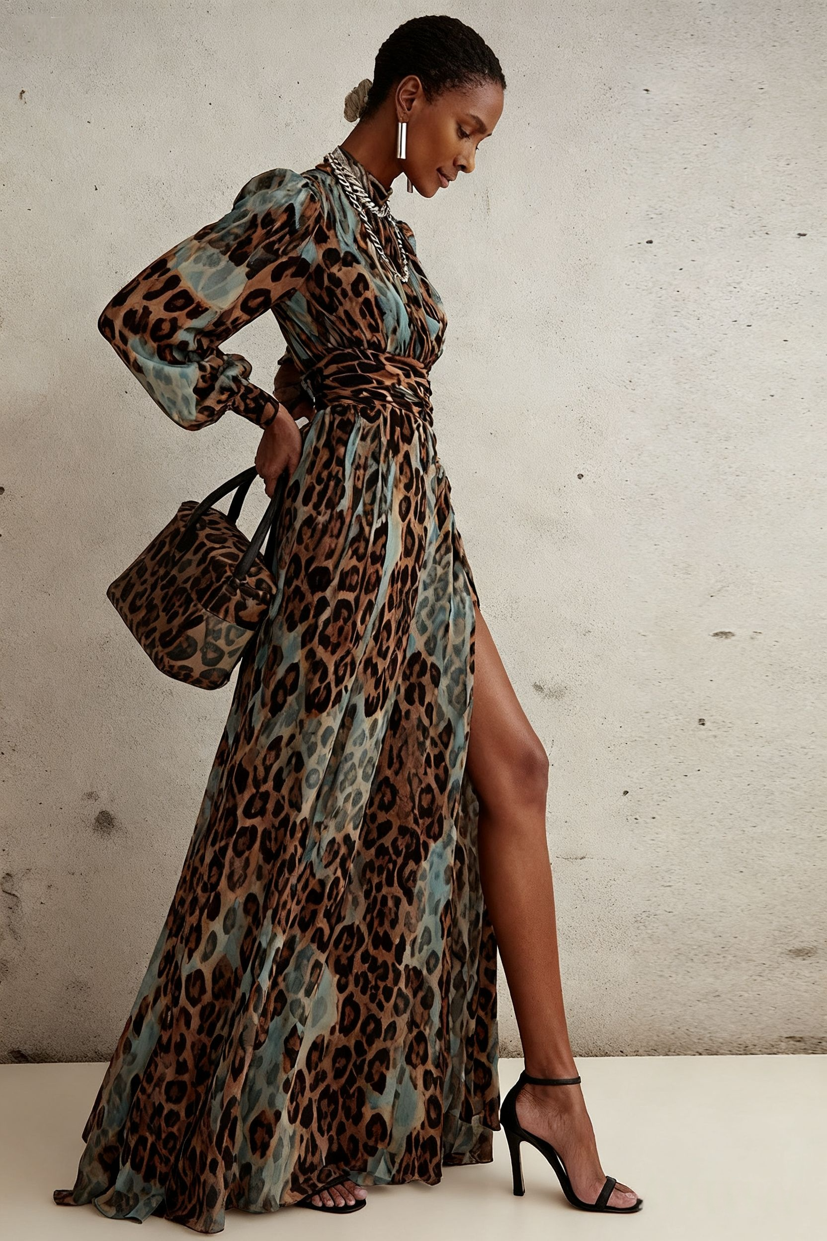 Special Long Sleeve Leopard Maxi Dress
