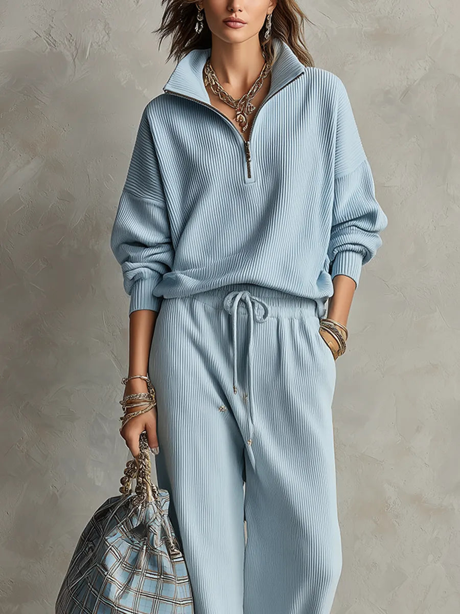 Casual Blue Knit Textured Trousers Set
