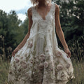 Vintage Pink & White Roses Fiber Art Glitter Lace Flowy Linen Dress