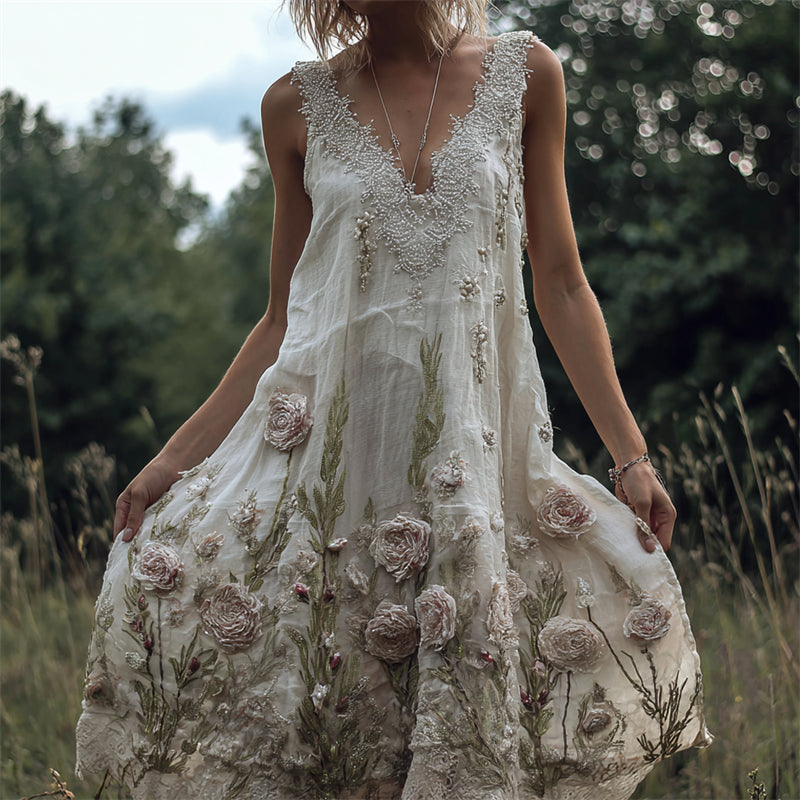 Vintage Pink & White Roses Fiber Art Glitter Lace Flowy Linen Dress