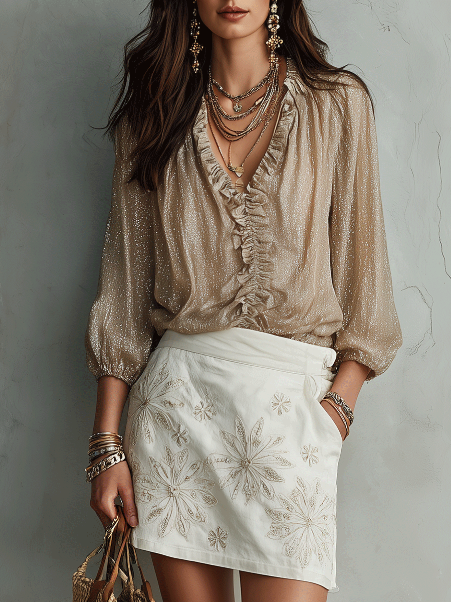 Romantic Vintage Metallic Gold Ruffled Top White Floral Embroidered Mini Skirt