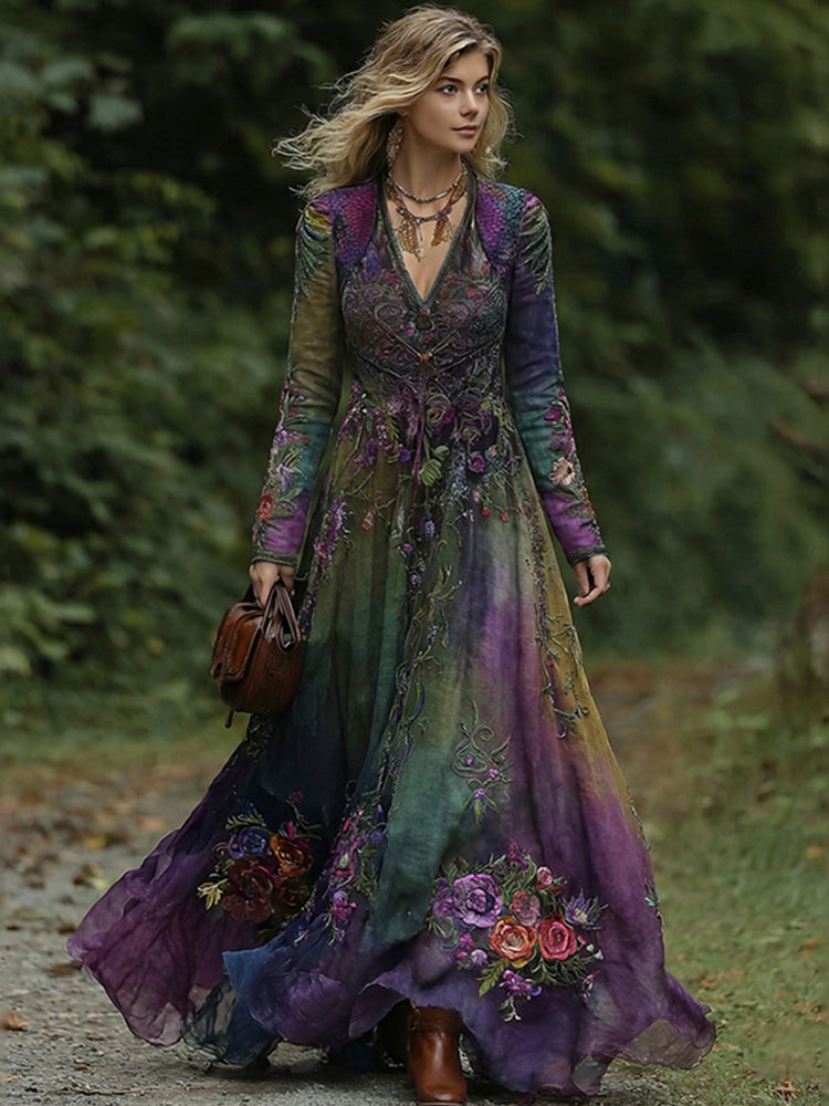 Vintage Classy Gradient Purple Peacock And Floral Embroidered V Neck Maxi Dress