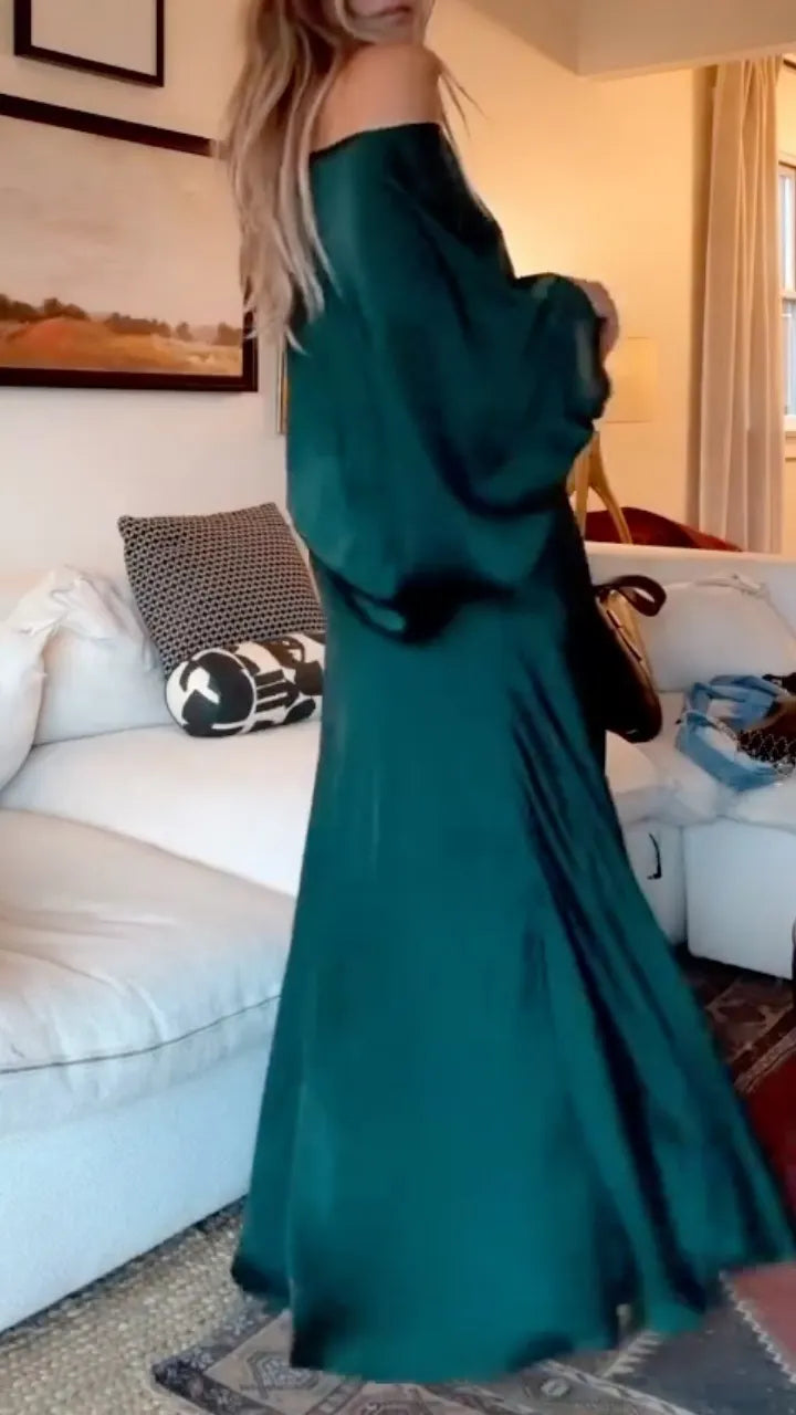 Emerald Green Satin Off Shoulder Waist-Tied Wide Leg Two Piece Set