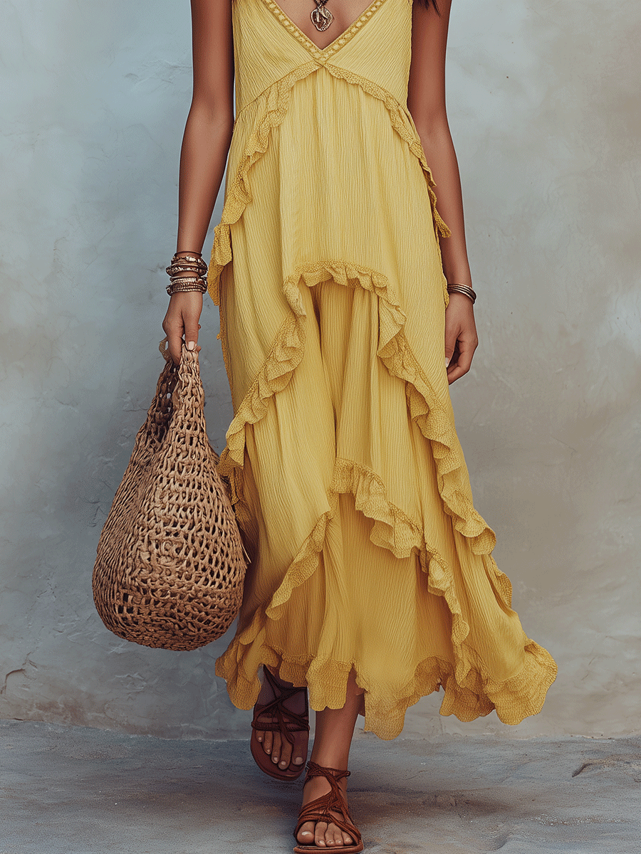 Boho Ruffle Tiered Flowy V-Neck Asymmetric Hem Maxi Dress