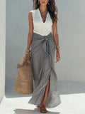 Elegant Ribbed V-Neck Knit Tank Top & Tie-Waist Wrap Maxi Skirt Set