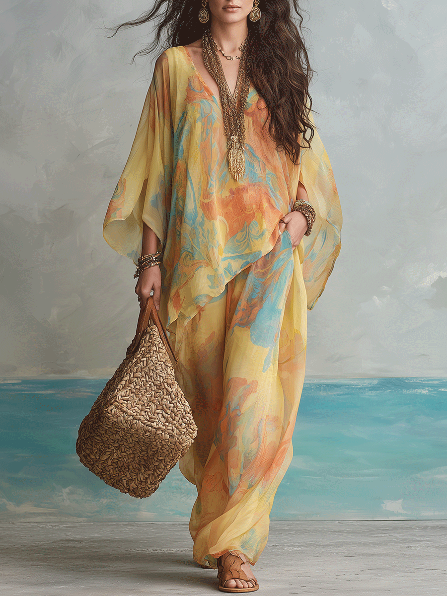 Bohemian Sunset Bloom Resort Maxi Kaftan Top And Pant Set