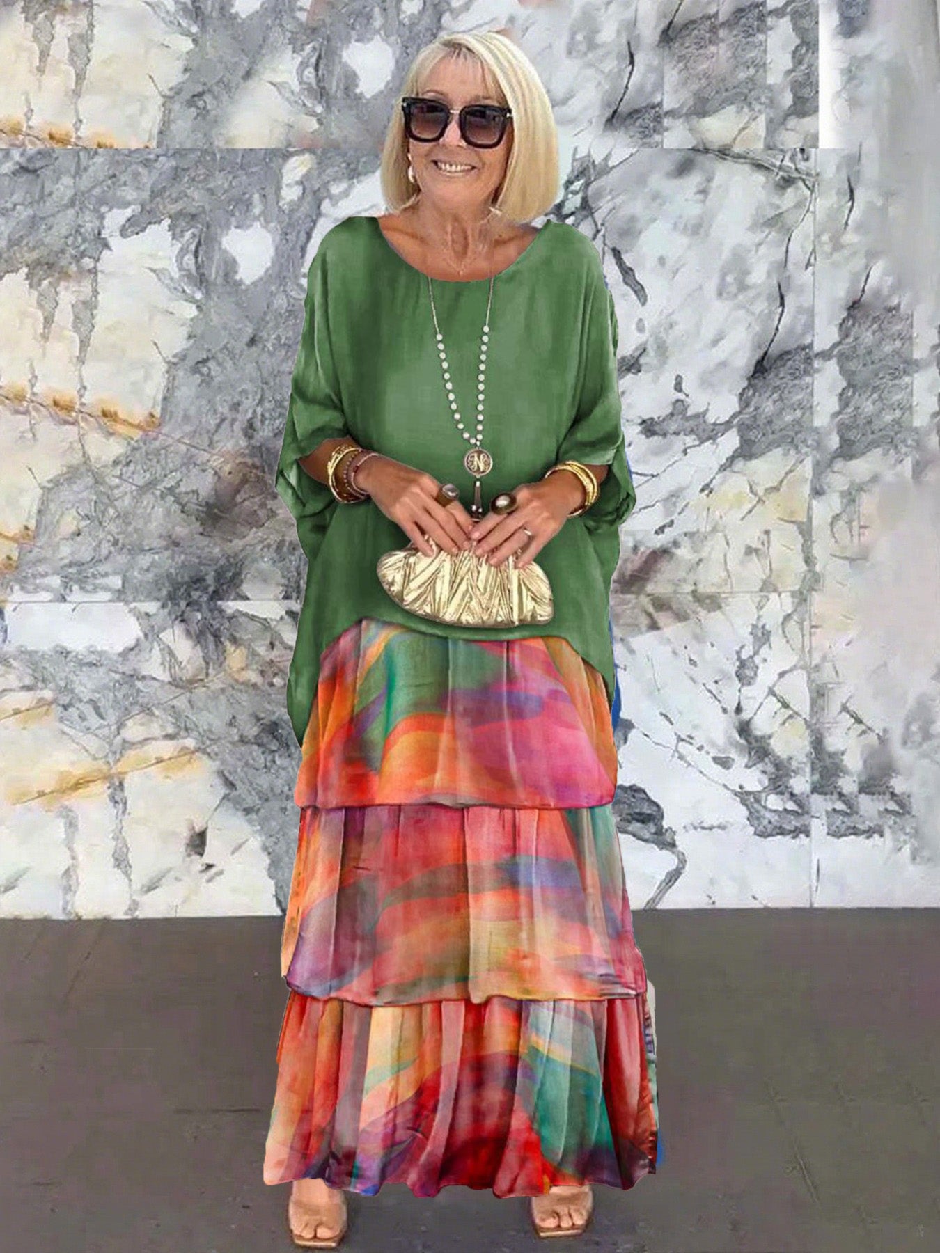 Solid Color Women's Gradient Clover Art Print Elegant Chiffon Cake Skirt