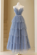 Blue Tulle Layers Straps Beaded Long Prom Dress, Blue A-Line Evening Dress     24964