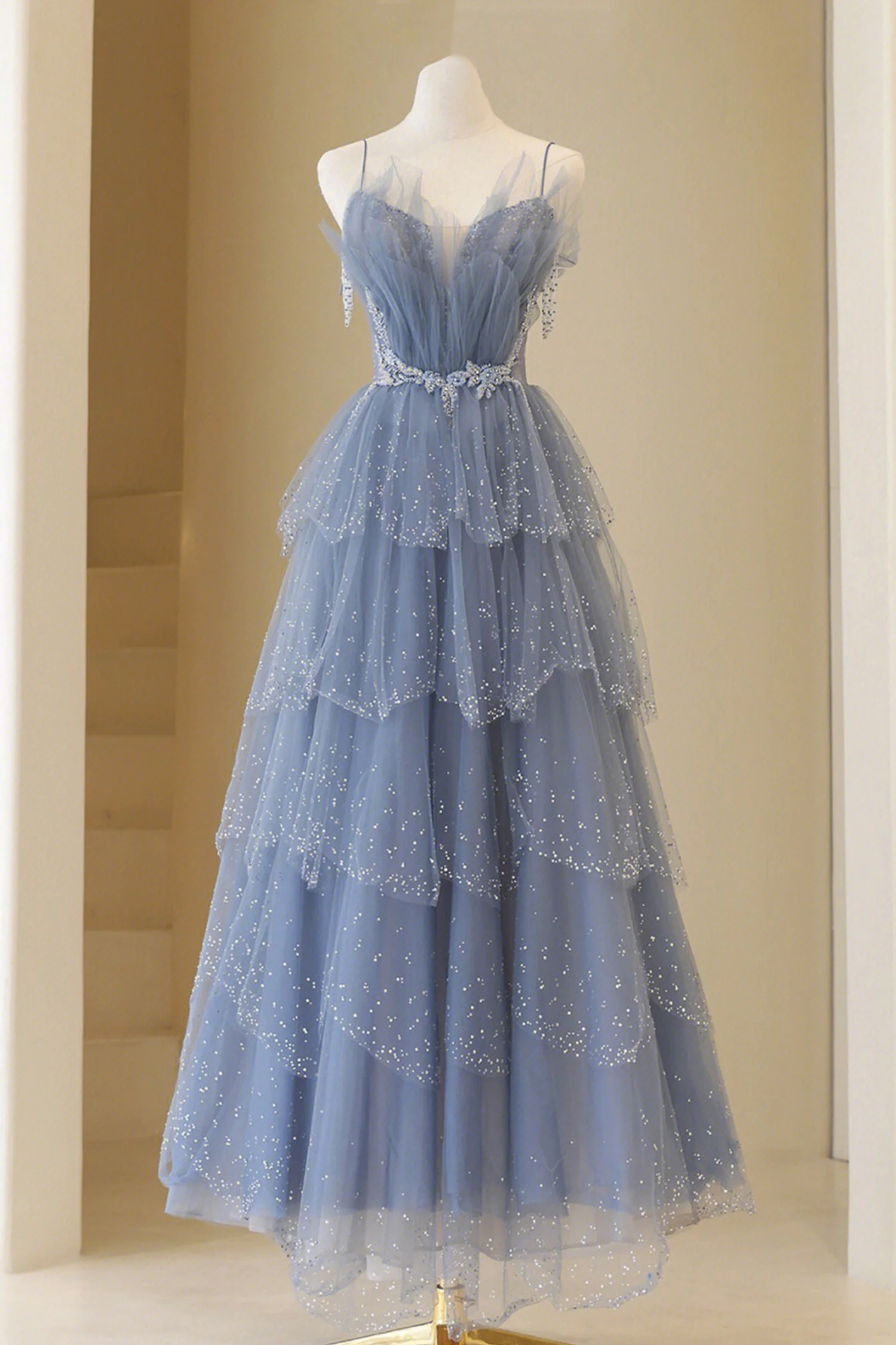 Blue Tulle Layers Straps Beaded Long Prom Dress, Blue A-Line Evening Dress     24964