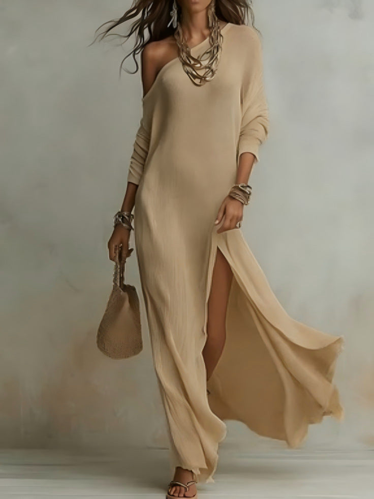 Women's Off-the-Shoulder Waffle Knit Maxi Dress - Elegant High-Slit Beach Vacation Dress
