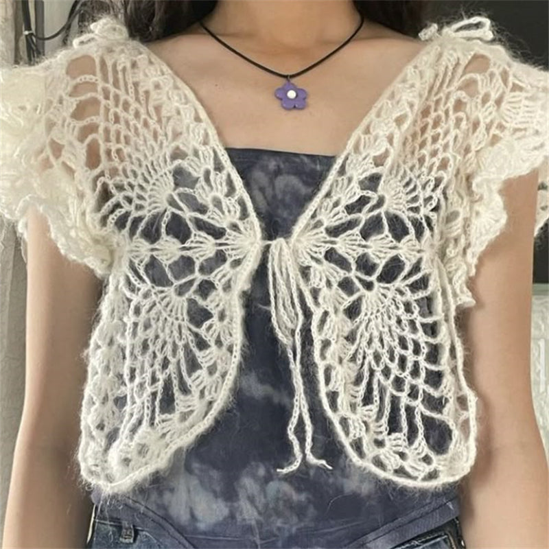 Vintage Butterfly Hollow Crochet Tied Top