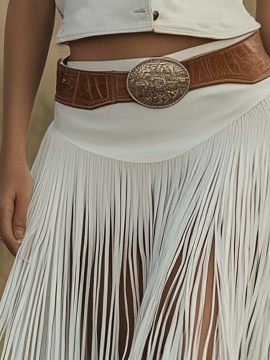 [24-hour shipping out]Retro Premium Western Style Brown Belt White Suede Tassel Skirt