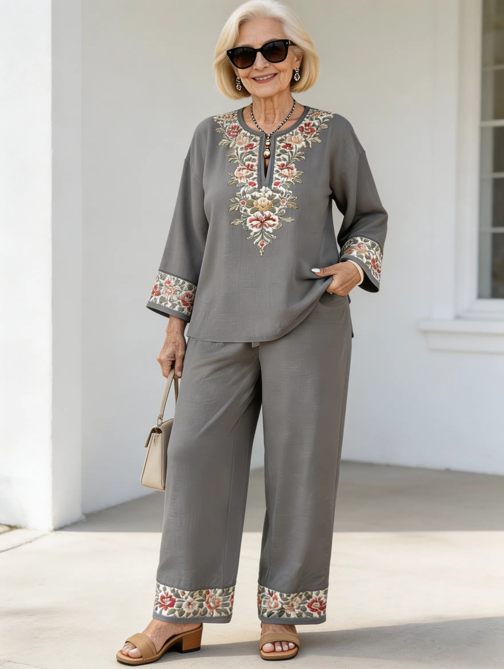 2Pcs Vacation Long-sleeved Lace Flower Long-sleeved Ethnic Style Suit