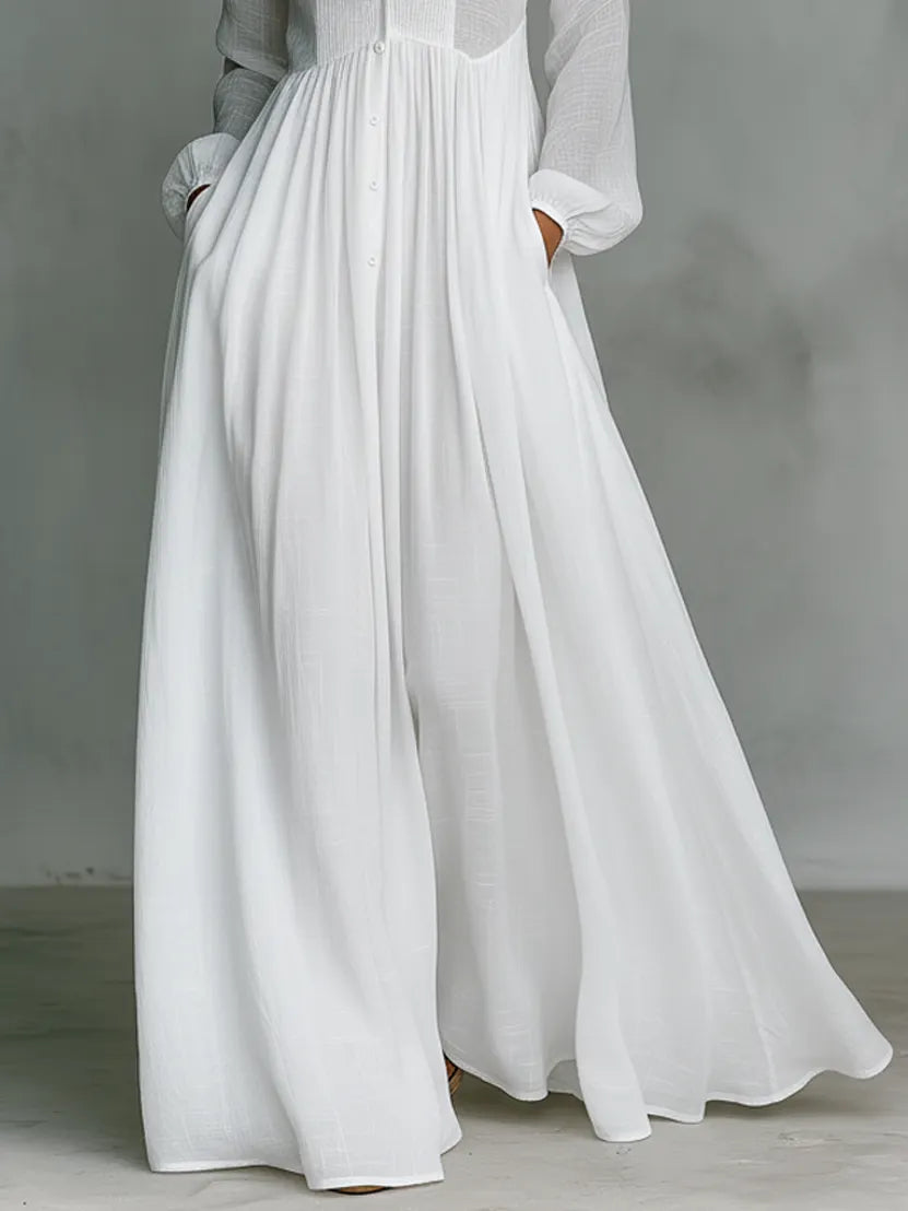 Women's Minimalist Cotton And Linen Patchwork Single-breasted Stand-up Collar Long-sleeved Maxi Dress MDA0658K6Y