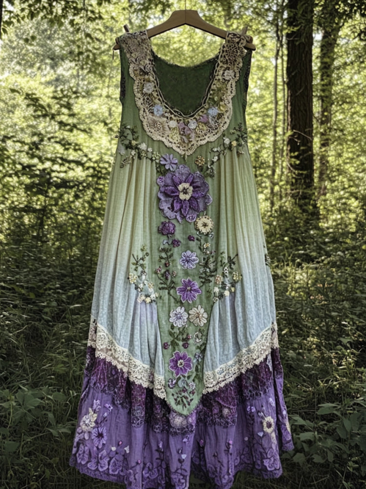 Vintage Boho Lavender Art Linen Patchwork Art Linen Tank Dress