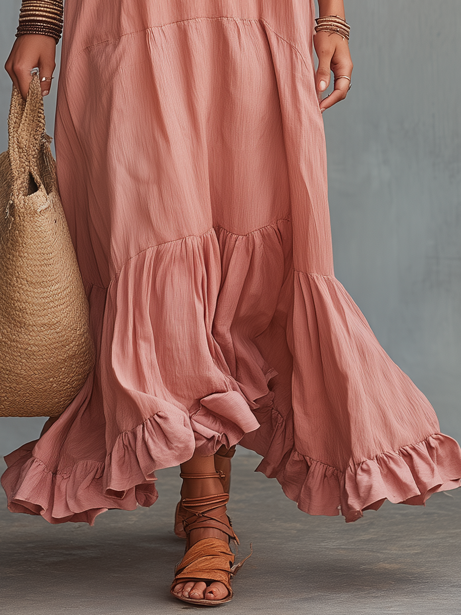 Romantic Dusty Rose Ruffle Hem Maxi Dress