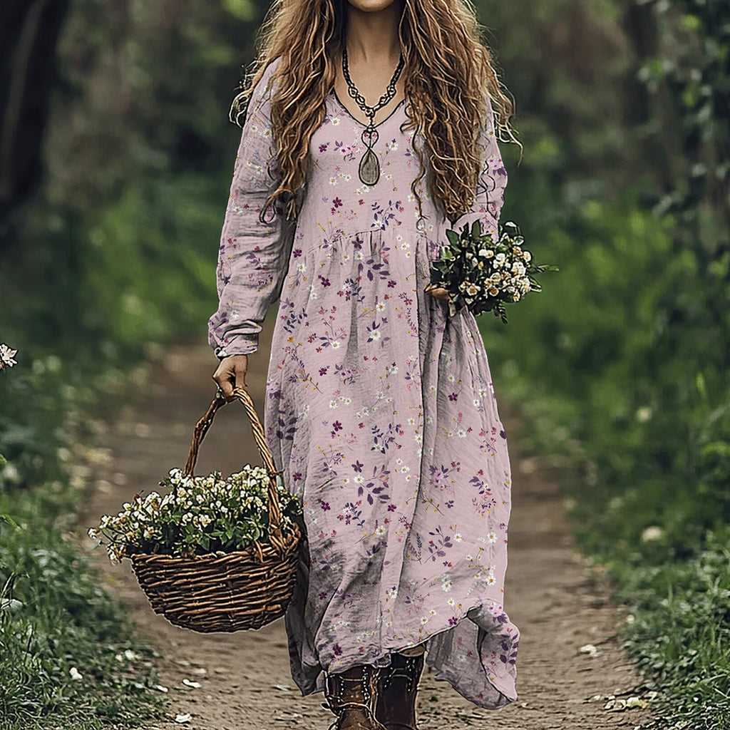 Vintage Wildflowers Floral Art Linen Blend Maxi Dress