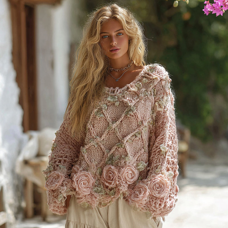 Women's Boho Rose Chunky Knit Crew Neck Aran Sweater