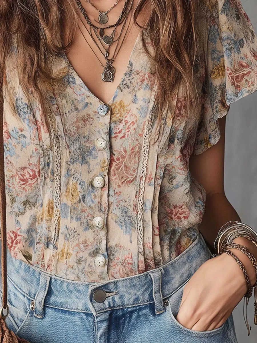 Boho Vintage Oil-Painting Style Printed Cotton-Linen Blouse