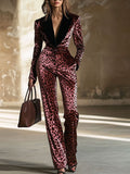 [24-hour shipping out]Casual Loose Retro Velvet Leopard Print Colorblock Lapel Long Sleeve Jumpsuit