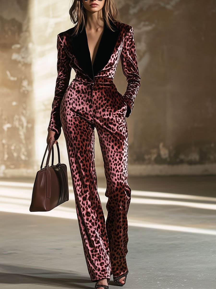 [24-hour shipping out]Casual Loose Retro Velvet Leopard Print Colorblock Lapel Long Sleeve Jumpsuit