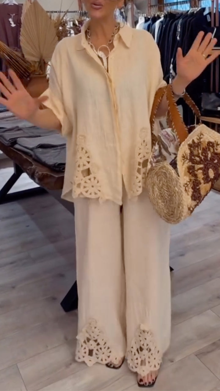 Beige Crochet Linen Two-Piece Set