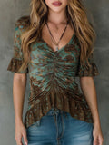 Bohemian-print Ruffled Top In Stretchy Cotton