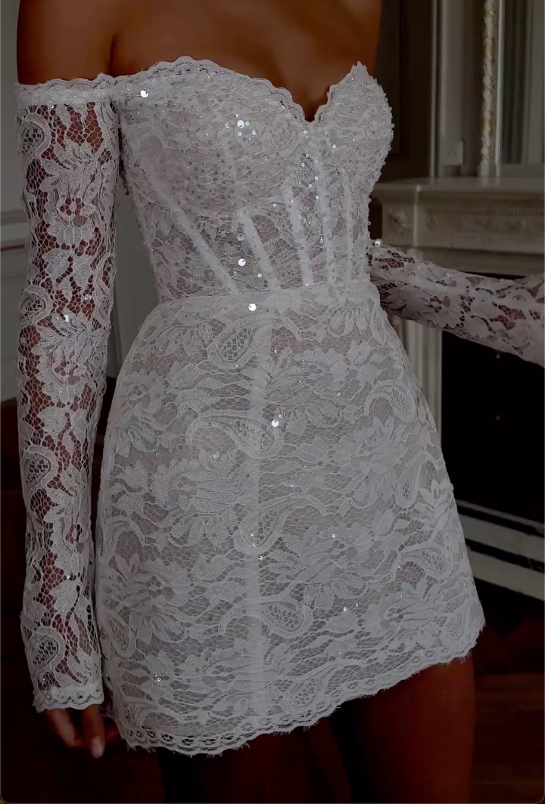 White Off-the-Shoulder Sequin Lace Mini Dress with Long Sheer Sleeves